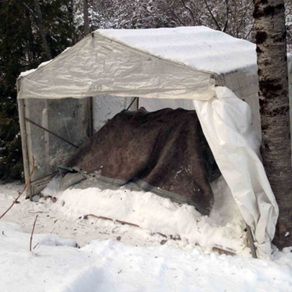 Photo représentant l'intérieur d'un abri d'auto afin de démontrer l'installation d'une toile géotextile