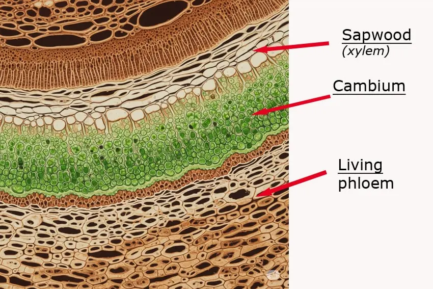 Image représentant les vaisseaux avec détail l'intérieur des couches du xylène, le cambium, le phloème